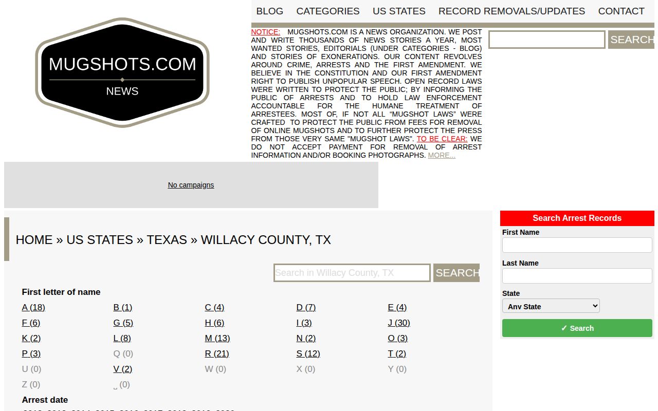 Willacy County Mugshots.com archival arrest-record source interface