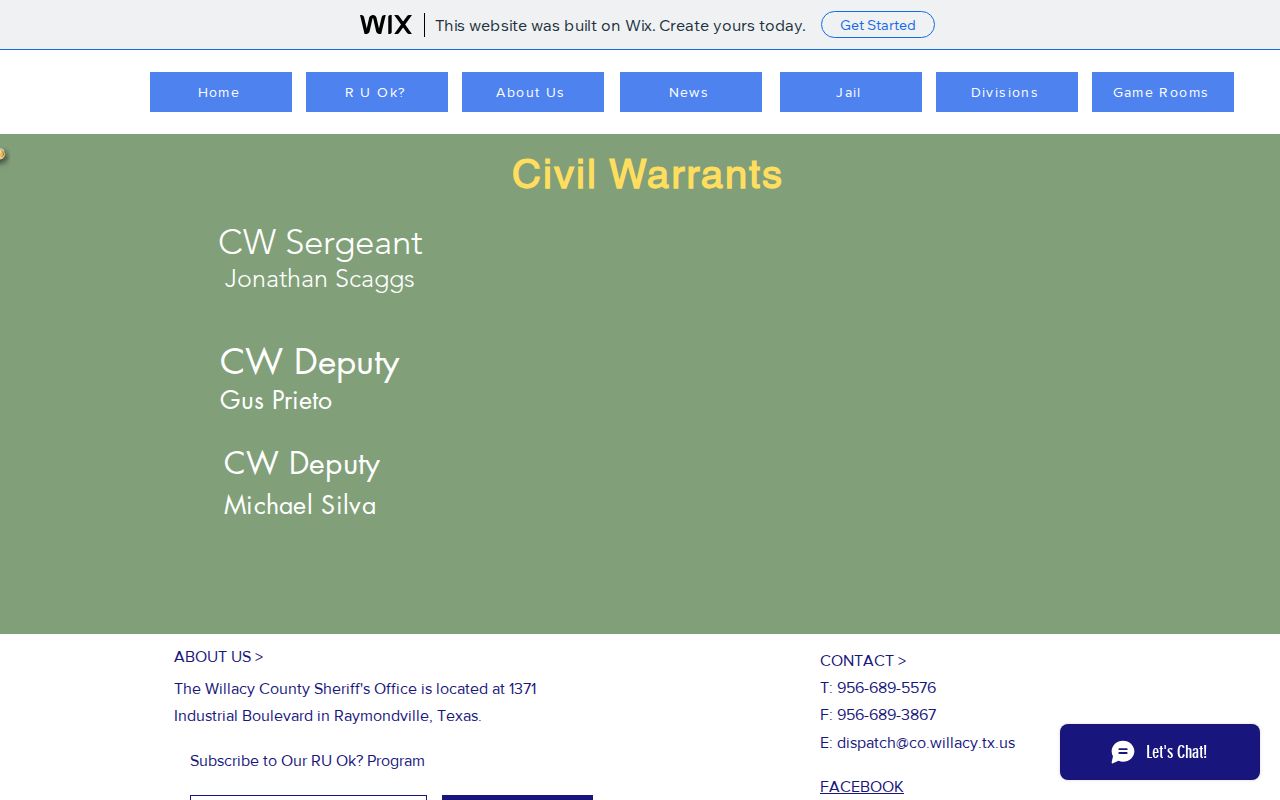 Willacy County WCSO Civil Warrants official contact page screenshot