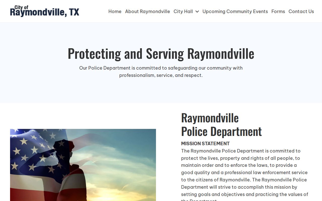 Raymondville Police Department official records contact page screenshot